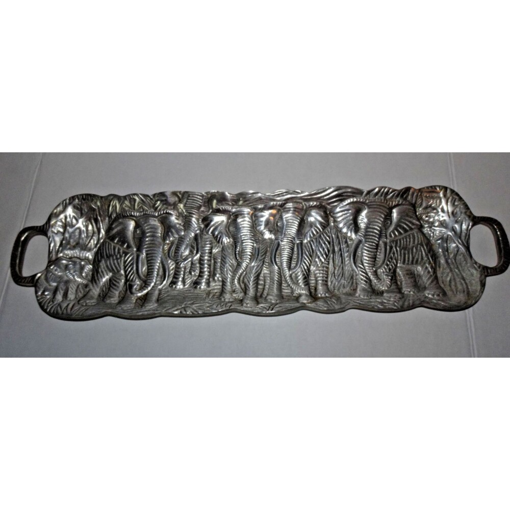 Elephant Herd  Rectangular Platter Serving Tray with Handles Cast Aluminum